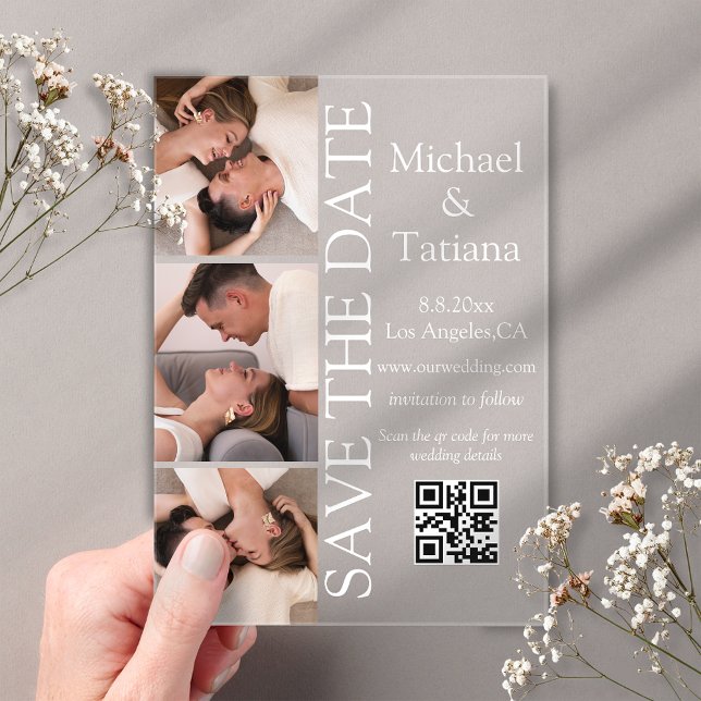stylish photobooth 3 photos qr code save the date  acrylic invitations (Creator Uploaded)