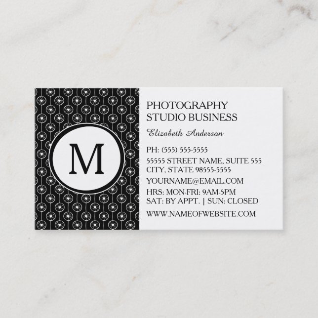 Stylish Photographer Black White Hearts Monogram Business Card (Front)