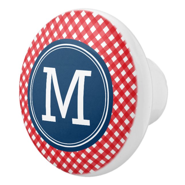 Stylish Picnic Red Gingham and Blue Monogram Ceramic Knob (Right)