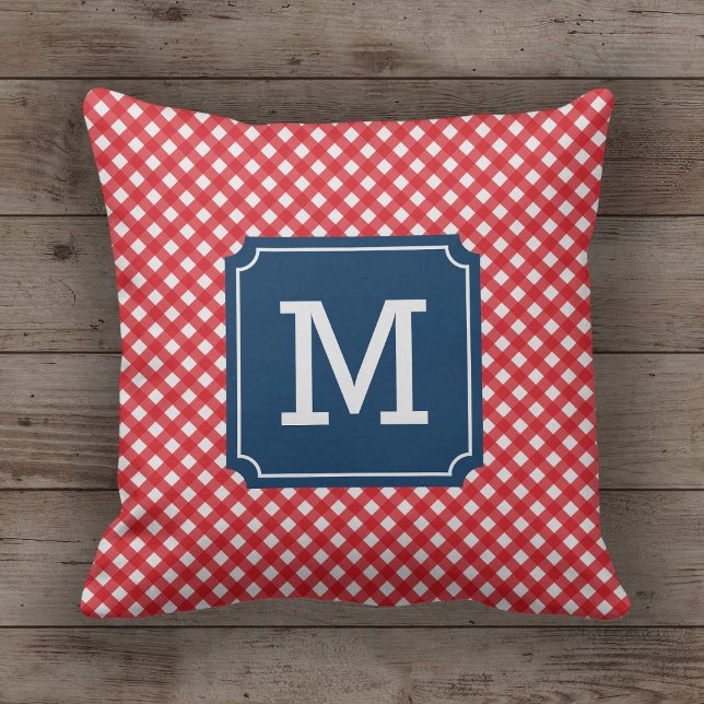 Stylish Picnic Red Gingham Name Monogram Throw Pillow (Creator Uploaded)