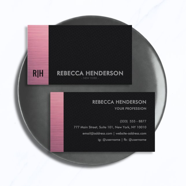 Stylish Pink Accent Panel & Black Leather Monogram Business Card (Creator Uploaded)