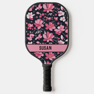 Stylish Pink and Black Floral Pattern/Personalize Pickleball Paddle