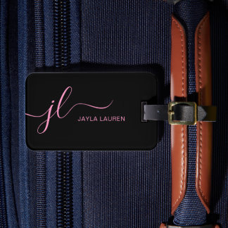 Stylish Pink And Black Monogram Script Luggage Tag