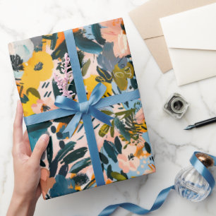 Stylish Pink and Blue Abstract Floral Pattern Wrapping Paper
