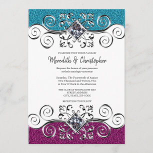 Stylish Pink and Blue Glitter Silver Bling Wedding Invitation