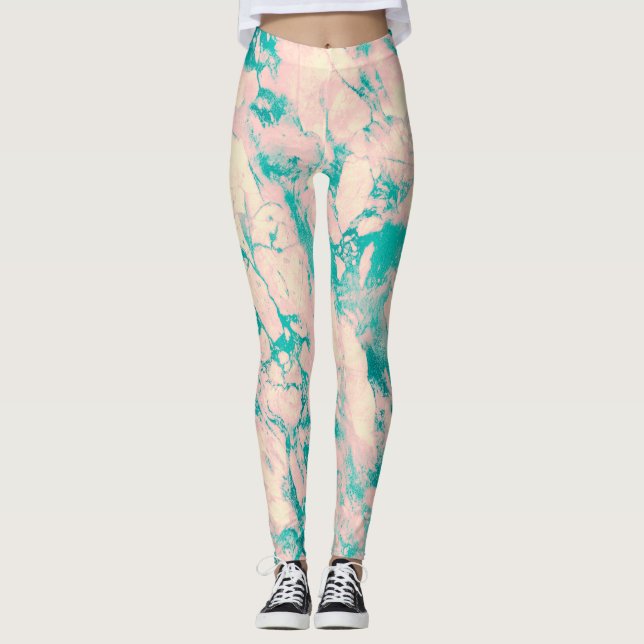 Stylish Pink and Blue Marble Design Leggings (Front)