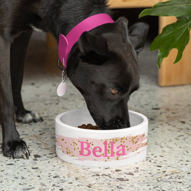 Stylish Pink and Gold Sparkle Pet Food Dish (Pink and Gold Custom name Dog Dish)