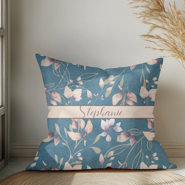Stylish Pink And Gold Stone Leaves On Blue Throw Pillow (Creator Uploaded)