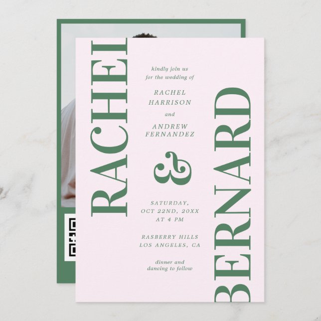 Stylish Pink and Green Typography QR Code Wedding Invitation (Front/Back)