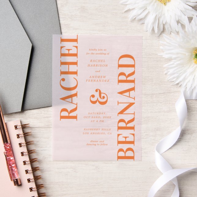 Stylish Pink and Orange Typography Wedding Vellum Invitations (Wedding)