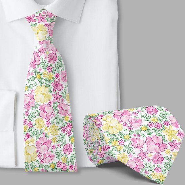 Stylish Pink and Yellow Floral Pattern Necktie (Creator Uploaded)