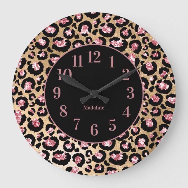 Stylish Pink Black Cheetah Leopard Print Monogram  Large Clock (Front)