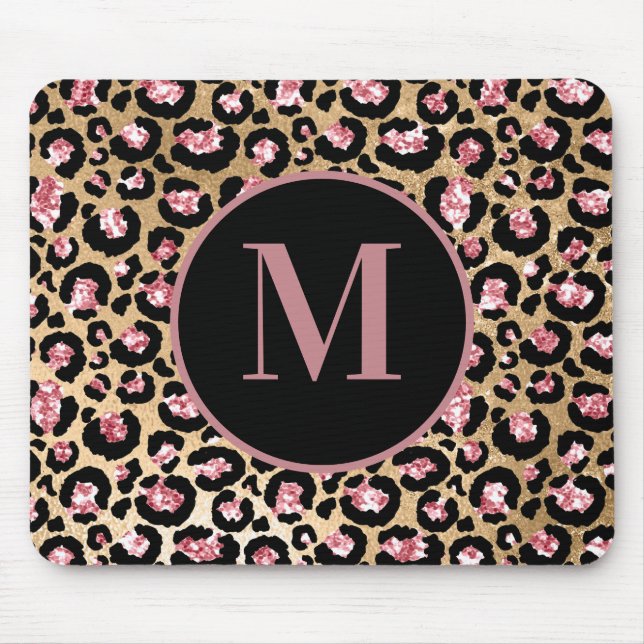 Stylish Pink Black Cheetah Leopard Print Monogram Mouse Pad (Front)