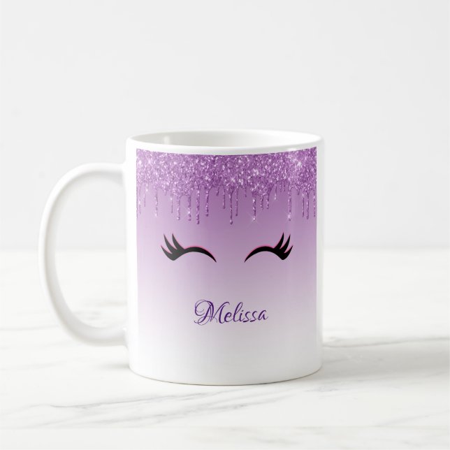 Stylish Pink & Black Eyelashes on Dripping Glitte Coffee Mug (Left)