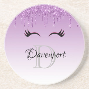 Stylish Pink & Black Eyelashes on Dripping Glitter Coaster
