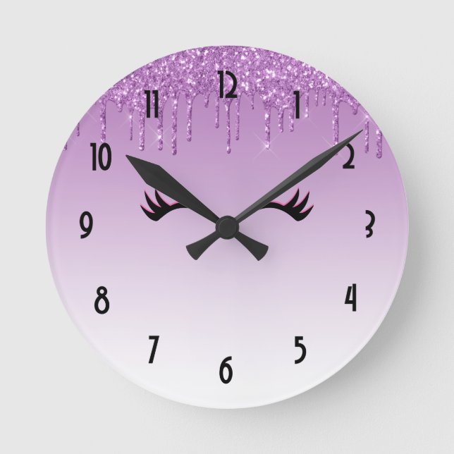 Stylish Pink & Black Eyelashes on Dripping Glitter Round Clock (Front)
