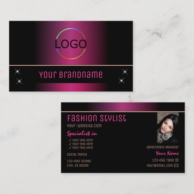 Stylish Pink Black Modern with Logo and Photo Business Card (Front/Back)