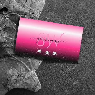 Stylish Pink Black Ombre Sparkle Diamonds Monogram Business Card