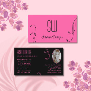 Stylish Pink Black Ornate with Monogram and Photo Business Card