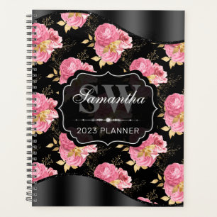 Stylish Pink & Black Shabby Chic Flowers Monogram Planner