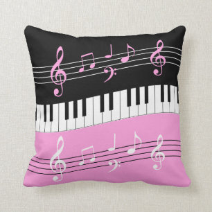 Stylish Pink Black White Piano Keys and Notes Throw Pillow