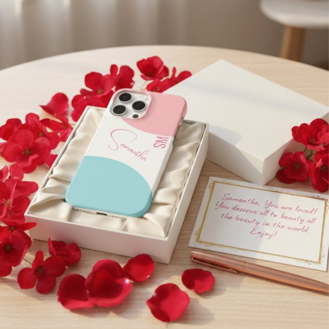 Stylish Pink & Blue Abstract Custom Name Monogram Case-Mate iPhone Case (Creator Uploaded)