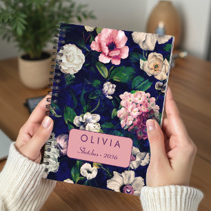 Stylish Pink Blue Floral Monogram Pattern Notebook
