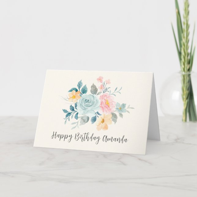 Stylish Pink & Blue Flower Bouquet - Birthday Card (Front)