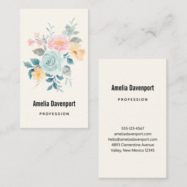 Stylish Pink & Blue Flower Bouquet Business Card (Front/Back)