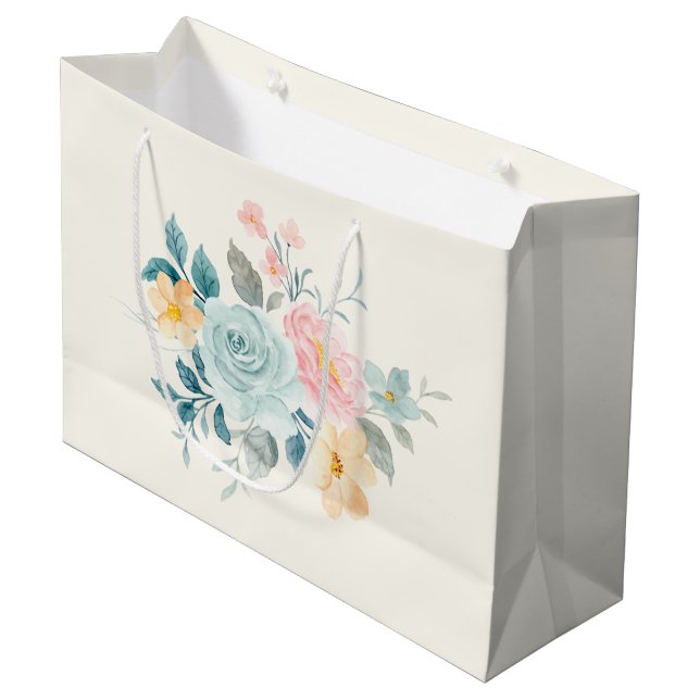  Stylish Pink & Blue Flower Bouquet Large Gift Bag (Front Angled)