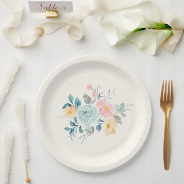 Stylish Pink & Blue Flower Bouquet Paper Plate (Wedding)