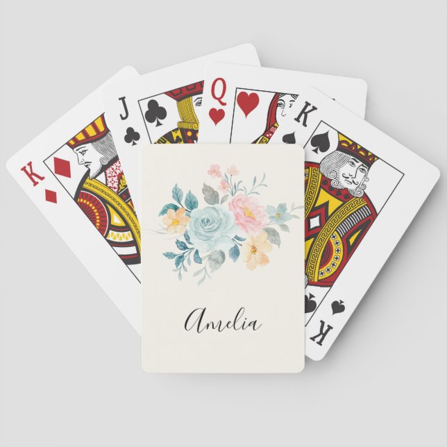 Stylish Pink & Blue Flower Bouquet Playing Cards (Back)