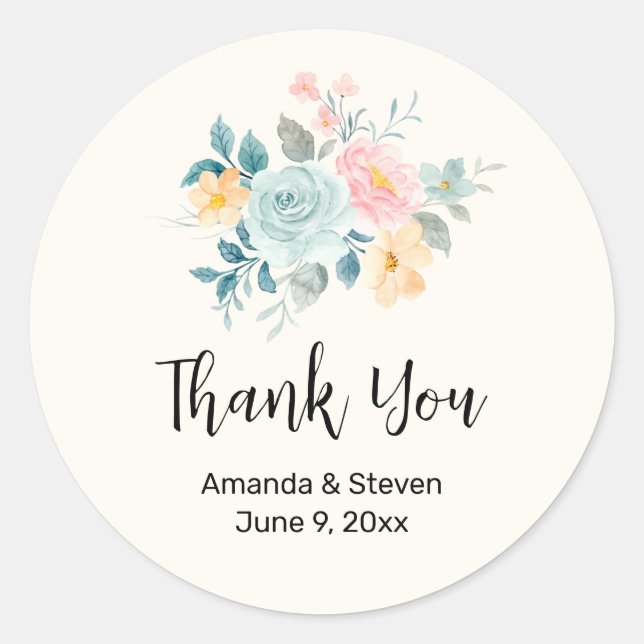 Stylish Pink & Blue Flower Bouquet Thank You Classic Round Sticker (Front)