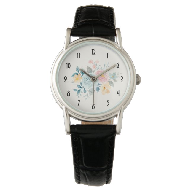 Stylish Pink & Blue Flower Bouquet Watch (Front)