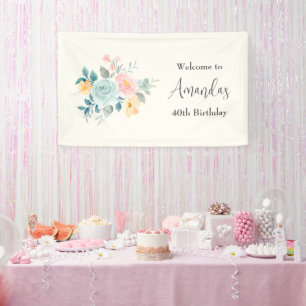 Stylish Pink & Blue Flowers Birthday Welcome Banner