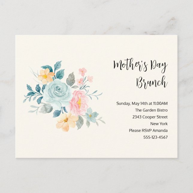 Stylish Pink & Blue Flowers - Mother's Day Brunch Invitation Postcard (Front)