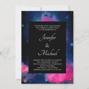Stylish Pink & Blue Galaxy Stars Abstract Wedding Invitation