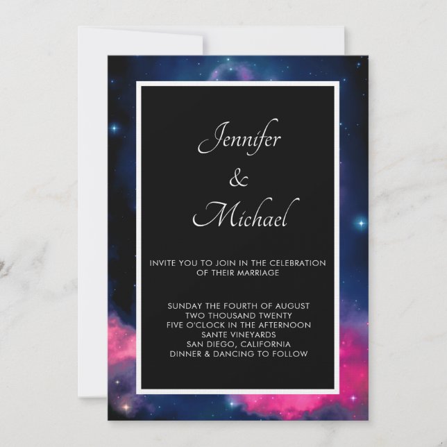 Stylish Pink & Blue Galaxy Stars Abstract Wedding Invitation (Front)
