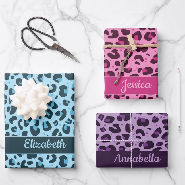 Stylish pink blue purple leopard print with names wrapping paper sheet (Front)