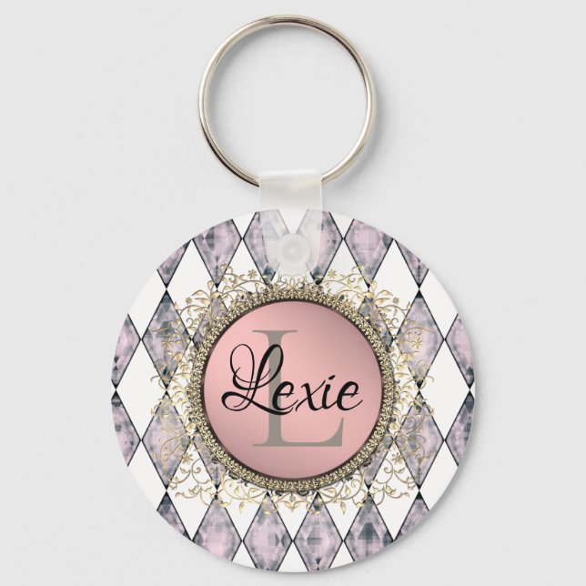 Stylish Pink Blush Harlequin Monogram Keychain (Front)