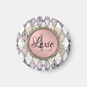 Stylish Pink Blush Harlequin Monogram  Magnet