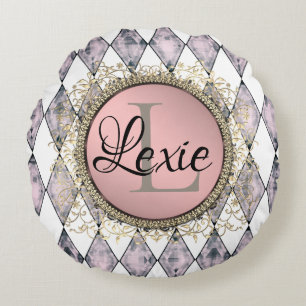 Stylish Pink Blush Harlequin Monogram  Round Pillow