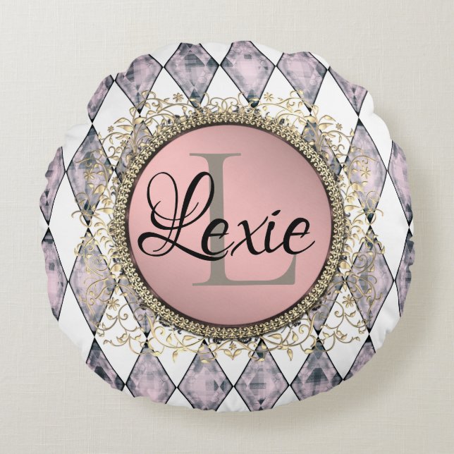 Stylish Pink Blush Harlequin Monogram  Round Pillow (Front)