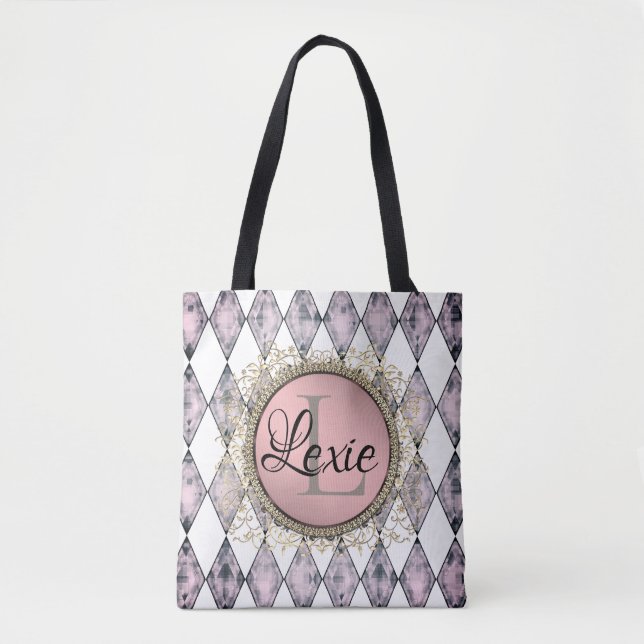 Stylish Pink Blush Harlequin Monogram Tote Bag (Front)