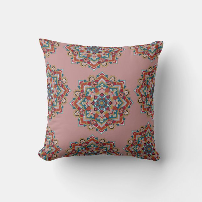 Stylish Pink Boho Mandala Painting Pattern Yoga Throw Pillow (Front)
