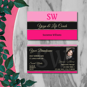 Stylish Pink Borders on Black with Monogram Photo Business Card