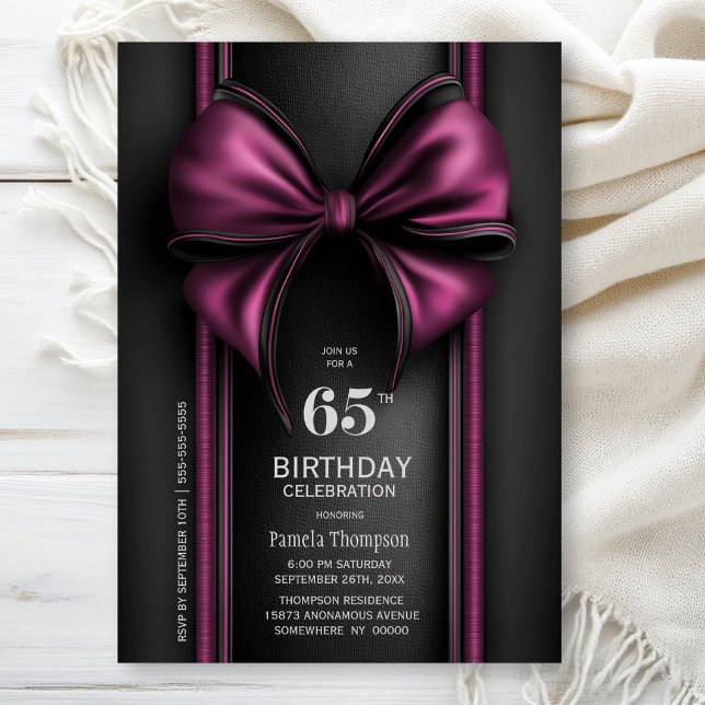 Stylish Pink Bow 65th Birthday Party Invitation (Creator Uploaded)