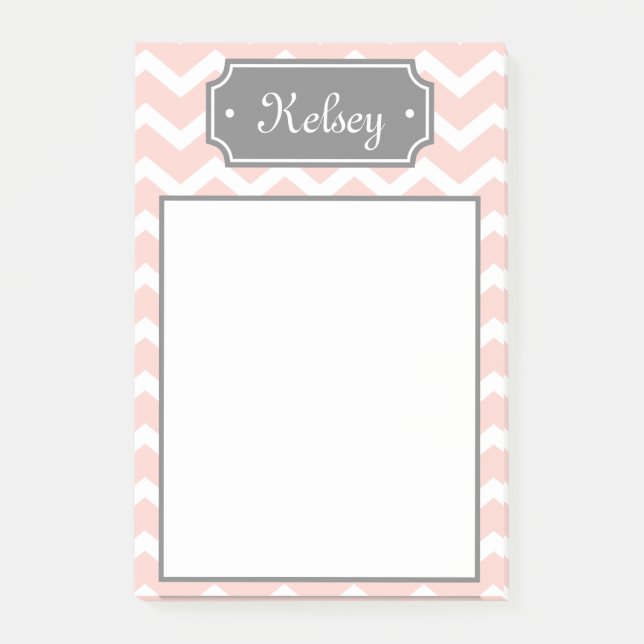 Stylish Pink Chevron Grey Name Post-it Notes (Front)