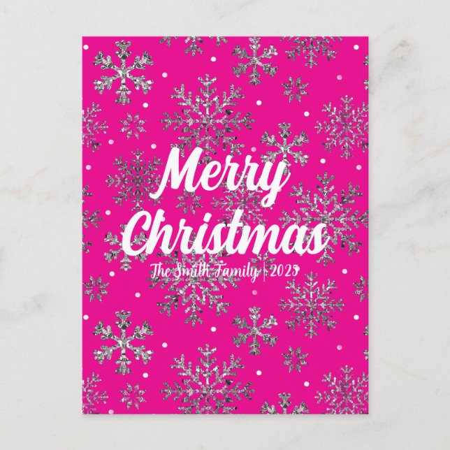 Stylish Pink Christmas Card w/ Elegant Snowflakes (Front)