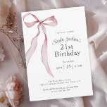 Stylish Pink Coquette Bow 21st Birthday Party Invitation<br><div class="desc">Celebrate a 21st birthday in feminine coquette style with this simple charming party invitation featuring a pink bow with long trailing ribbons. The simplicity of this design blended with the feminine pink bow makes it a lovely choice for a 21st birthday celebration. Personalize the text template with your event details....</div>